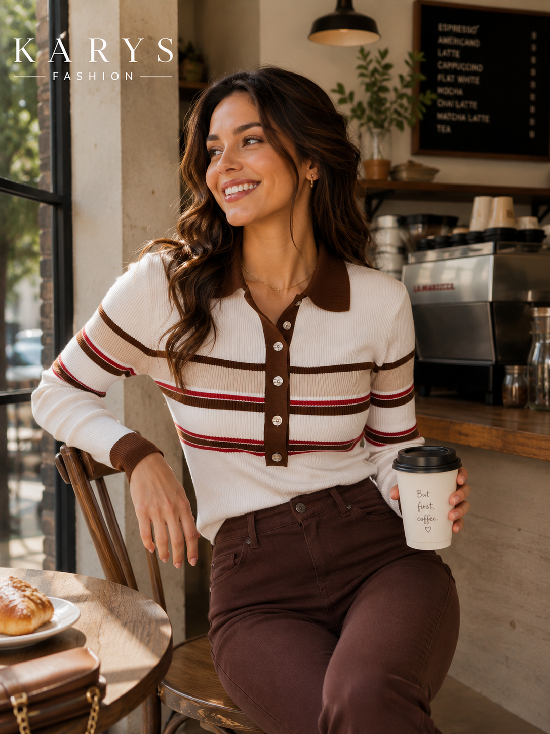 Karys Basic Bae Striped Collared Neck Rib-Knit Top